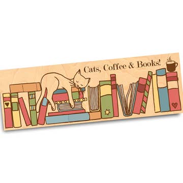 Cats, Coffee & Books Wooden Bookmark